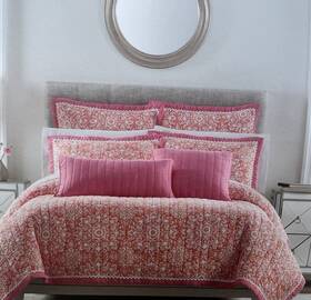 Q2-q-3k Nicole Miller Home King Reversible Quilted Quilt Set Pink Orange Floral Cotton