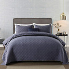 Nl-qc-zangqing-gezi-queen Newlake Piece Quilt Bedspread Coverlet Set Luxury Checkered Pattern Navy