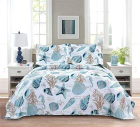 Nobrand 463299442775 Reversible Nautical Quilt Queen 90x90 Blue-green Seashells Cyan