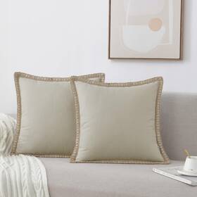 Bl0506 Nordeco Home Set Of 2 Farmhouse Throw Pillow Covers - Burlap Linen Trimmed Ta
