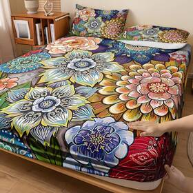 Nttopship 719358924752 Boho Floral Bedding Sheets And Pillowcases Soft Microfiber Fitted Sheet Deep Po