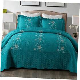 Ocean Home Fashion 746362137533 3 Piece Lightweight Bedspread Quilt Set Microfiber Embroidered King Teal