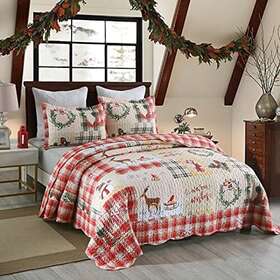 B021 Ocean Home Fashion Inc Christmas Quilt Set Bedspread Red Queen