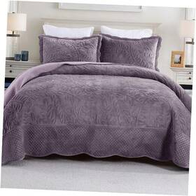 Byv308 Ocean Home Fashion Inc Embroidered Velvet Quilt Set With 2 Pillow Shams Soft Oversized King Purple