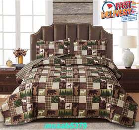 Oliven 711181331363 Reversible Lodge Plaid Bedding Moose Bear Quilt Full/queen Size Rustic Be