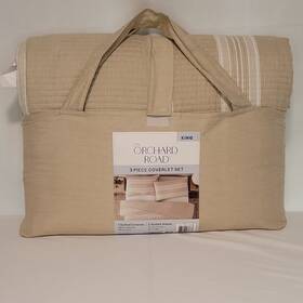 1727182 On Orchard Road King Coverlet Set Quilted Beige Striped 3 Piece 100% Polyester
