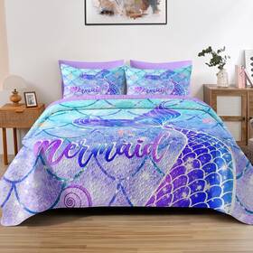 Jh2502196005-qqs-qa Pamnest Quilt Set Full/queen Size Blue Mermaid Tail 3 Pcs Soft Bed Cover