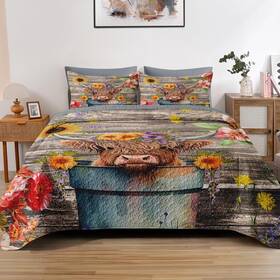 Lqq10063092-qqs-qa-jp1 Pamnest Quilt Set Full/queen Size Flower Highland Cow 3 Pcs Soft Bed Cover Bedding S