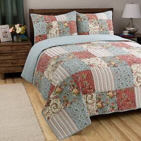 27326481 Patchwork Style Quilt Set Queen Floral Blue Beige Coral Cotton Reversible Bedding