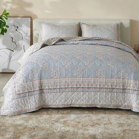 89740728 Patina Vie 3pc King Printed Vintage Quilt Bedding Set Beige/blue - Reversible