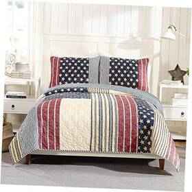 A023a17munds Peking Handicraft Inc. Americana Quilt With 2 Shams Rustic 3-piece Reversible Full Queen Blue/red