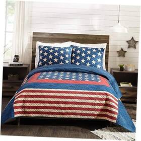 A057619blnfs Peking Handicraft Inc. Quilt With 2 Shams 3-piece Reversible All Seasons King Americana Patch