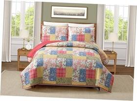 A218mhqlt Peking Handicraft Inc. Farmhouse Florals Quilt With 2 Shams Patchwork King Red