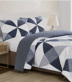 Pem-america 783048243904 Origami Pieced Reversible Modern Patchwork 3-piece Quilt Set Queen - Blue