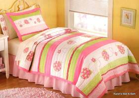 Pem-america 783048940940 Garden Ladybug Quilt Full/queen 2 Shams Pink Green Nature Shabby Chic Bedding