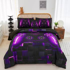 Lgb006 Perfemet 6 Pieces Bed In A Bag Gamer Comforter Set Queen Size Purple Gaming B