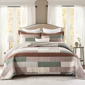 Perhom 614166324612 100% Cotton Quilt Set Queen Size Patchwork Plaid Striped Bedding Brown White Gre