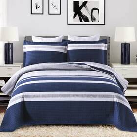 Perhom 639393941432 Quilts Queen Size Navy Blue Striped Quilt 100% Cotton With 2
