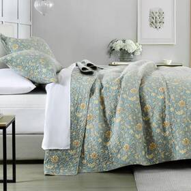 Perhom 658361815025 Quilt King Size - 100% Cotton Blue Beige Floral Lightweight Soft Q