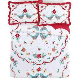 Pwd41501772207 Pioneer Woman Full/queen Quilt Shams Set Maizie Birds Christmas Poinsettia 3 Pc
