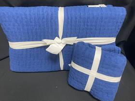 269702 Pottery Barn Pick-stitch Bed Quilt Cotton Linen King And 1 Sham Capri Blue New