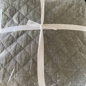 2813380 Pottery Barn Belgian Flax Linen Diamond Quilt Dark Green King Cal New