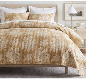 2899856 Pottery Barn Juliette Toile Handcrafted Pick-stitch Quilt Gold King/cal King Euc