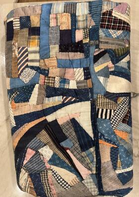 3004007 Pottery Barn Salton Reversible Quilt F/ Queen Blue Scraps Modern Vintage Read