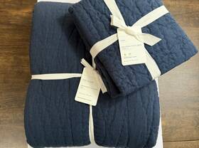 3134721 Pottery Barn Belgian Flax Linen Handcrafted K/ck Quilt Set 2 King Shams Midnight
