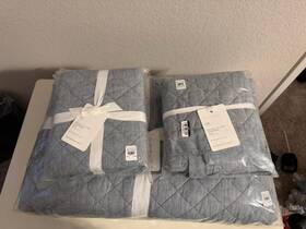 5444850 Pottery Barn Belgian Flax Diamond King Quilt With 2 Standard Shams Chambray