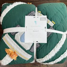 6619064 Pottery Barn Kids Remy Race Car Quilt F/q 86 Inch Sq Hand Stitch Hunter Green Multi