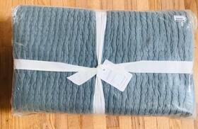 6677944 Pottery Barn Pick Stitch Quilt Sonoma Blue Queen Cotton Linen Handcrafted New