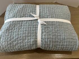 7380640 Pottery Barn Pick Stitch Cotton Linen Quilt Full Queen Chambray Blue