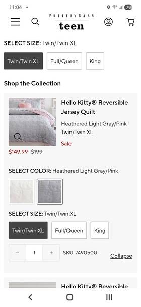 7490500 Pottery Barn Hello Kitty Reversible Quilt Twin/twin Xl Heathered Gray Pink