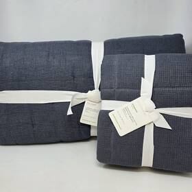 7989880 Pottery Barn European Flax Linen Waffle Quilt Full Queen And 2 Shams Steel Blue