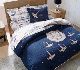8998965 Pottery Barn Kids Star Wars Twin Quilt Millennium Falcon X-wing Blue Space Ships