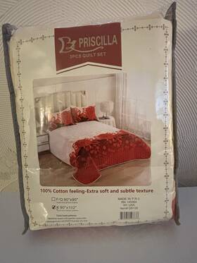 Qs120 Priscilla 3pcs King Quilt Set Red White Abstract Extra Soft Subtle Texture