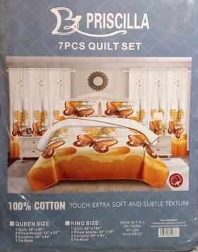 Qs125 Priscilla King Quilt Set 7 Piece 100% Cotton Floral Nature Multicolor Quilted