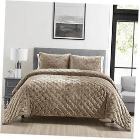 Prosperous Home 705353336140 Embroidery Quilt Set With Metallic Gold Thread Distressed Queen Taupe