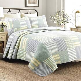 1090604a1 Quilt And Sham Set Twin Patchwork Blue White Stripe Reversible Cotton Pillow Bedding