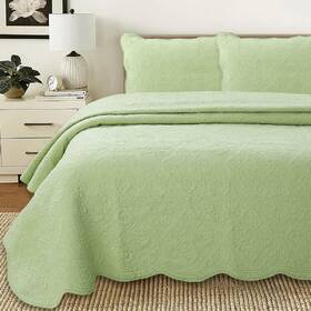20223247 Quilt And Sham Set King Green Cotton Scalloped Edge Pillow 3 Piece Bedding Cover