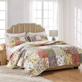 W002568126 Quilt And Sham Set Queen Patchwork Green Purple White Floral Reversible Cotton Bedding
