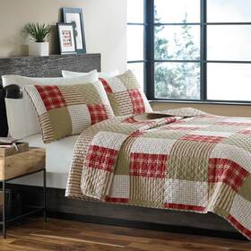 Mpn47878 Quilt And Shams Set Queen Patchwork Design Red Khaki Plaid Reversible Cotton Bedding Cover