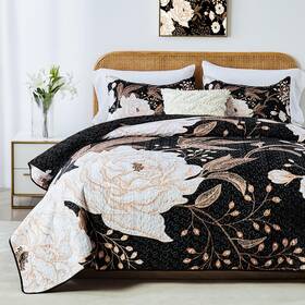 Quilt Set 313038627638 King Size White Gold Floral Botanical Pattern Black Bedding 3 Piec