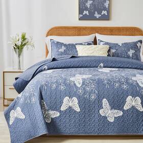 Quilt Set 744110718713 King Size White Butterfly Botanical Pattern Blush Grey Bedding 3 P