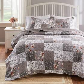 27211572 Quilt Set & Shams King Patchwork Floral Cotton Gray White Bed Cover Reversible Bedding