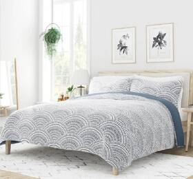 010405159 Quilt Set With Pillow Shams Queen Blue Reversible Geometric Shapes All Season Bedding