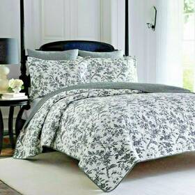 W002799956 Quilt Set With Shams Queen Floral Black White Cotton Pillow Sham 3 Piece Reversible Bedding