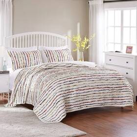 W001960135 Quilt Sham Set Queen Floral Print Stripe Ruffle Pink White Purple Cotton Pillow Shams