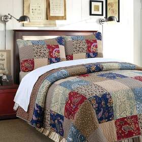 W003474341 Quilt Sham Set King Patchwork Red Blue Cream Paisley Cotton Reversible Fabric Bedding